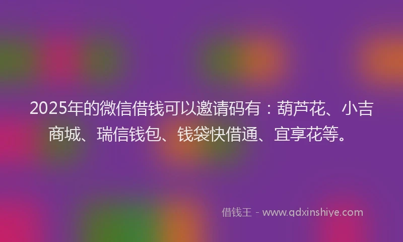 2025年的微信借钱可以邀请码有：葫芦花、小吉商城、瑞信钱包、钱袋快借通、宜享花等。