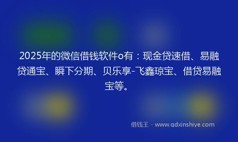 2025年的微信借钱软件o有：现金贷速借、易融贷通宝、瞬下分期、贝乐享-飞鑫琼宝、借贷易融宝等。