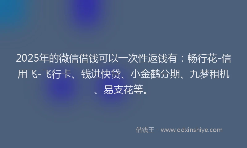 2025年的微信借钱可以一次性返钱有：畅行花-信用飞-飞行卡、钱进快贷、小金鹤分期、九梦租机、易支花等。