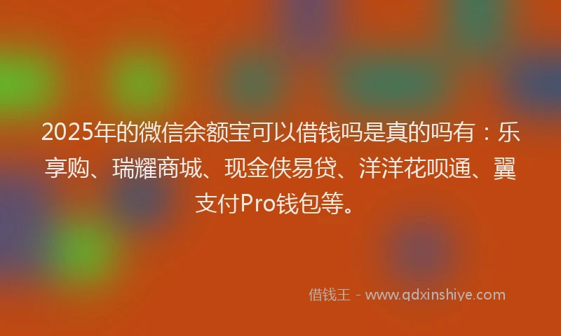 2025年的微信余额宝可以借钱吗是真的吗有：乐享购、瑞耀商城、现金侠易贷、洋洋花呗通、翼支付Pro钱包等。