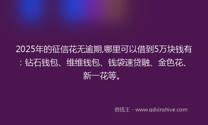 2025年的征信花无逾期,哪里可以借到5万块钱有：钻石钱包、维维钱包、钱袋速贷融、金色花、新一花等。