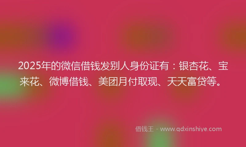 2025年的微信借钱发别人身份证有：银杏花、宝来花、微博借钱、美团月付取现、天天富贷等。