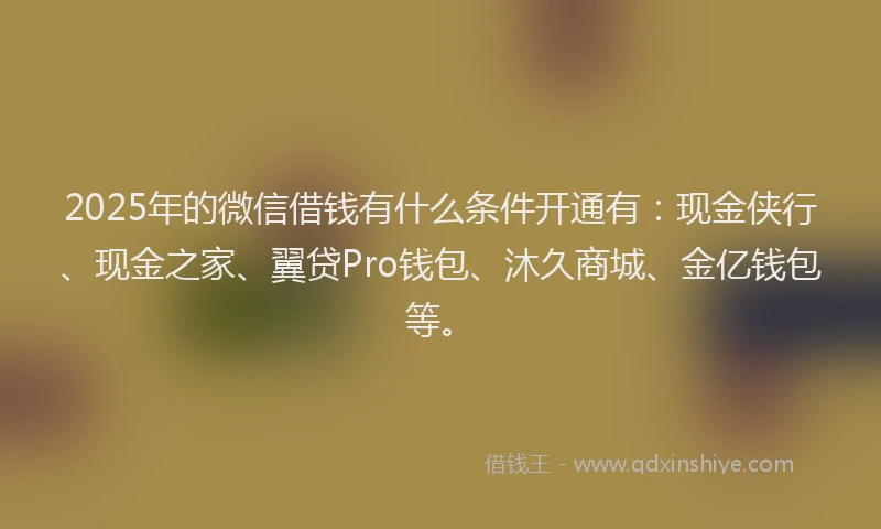 2025年的微信借钱有什么条件开通有：现金侠行、现金之家、翼贷Pro钱包、沐久商城、金亿钱包等。