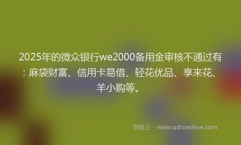 2025年的微众银行we2000备用金审核不通过有：麻袋财富、信用卡易借、轻花优品、享来花、羊小购等。