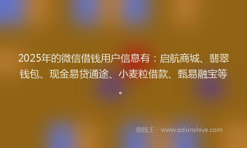 2025年的微信借钱用户信息有：启航商城、翡翠钱包、现金易贷通途、小麦粒借款、甄易融宝等。