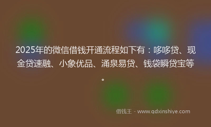 2025年的微信借钱开通流程如下有：哆哆贷、现金贷速融、小象优品、涌泉易贷、钱袋瞬贷宝等。