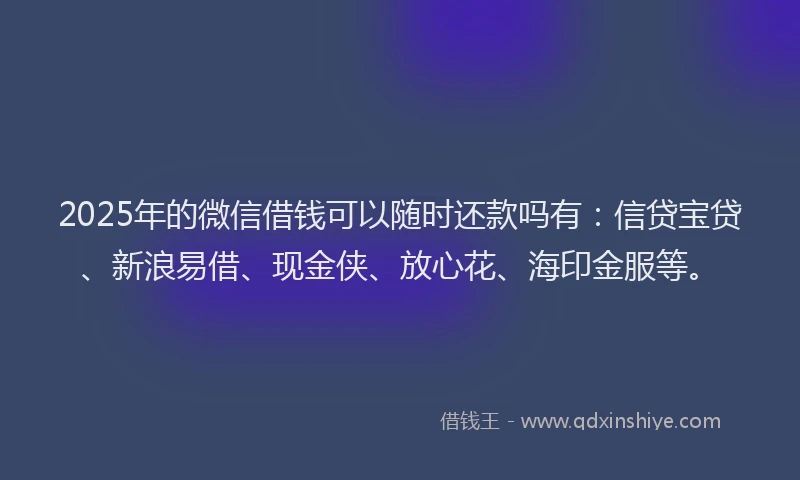 2025年的微信借钱可以随时还款吗有：信贷宝贷、新浪易借、现金侠、放心花、海印金服等。