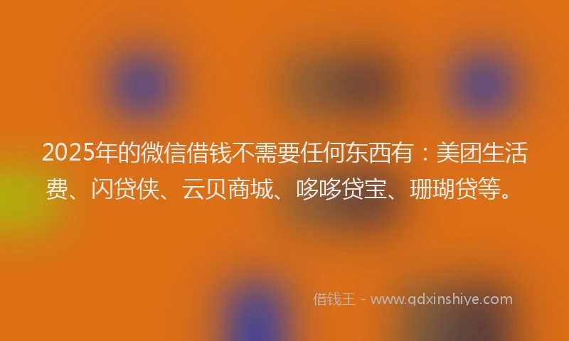 2025年的微信借钱不需要任何东西有：美团生活费、闪贷侠、云贝商城、哆哆贷宝、珊瑚贷等。