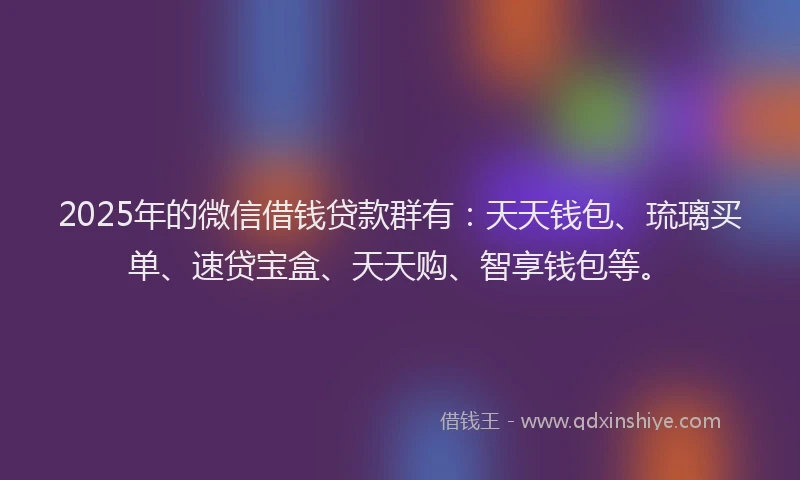 2025年的微信借钱贷款群有：天天钱包、琉璃买单、速贷宝盒、天天购、智享钱包等。