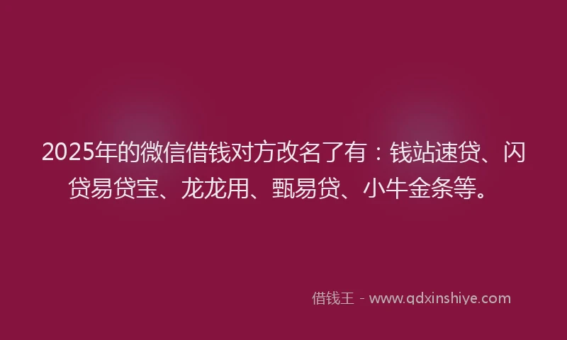 2025年的微信借钱对方改名了有：钱站速贷、闪贷易贷宝、龙龙用、甄易贷、小牛金条等。