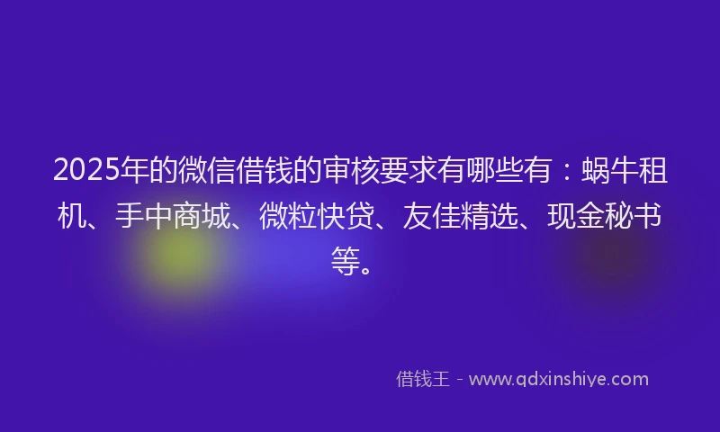 2025年的微信借钱的审核要求有哪些有：蜗牛租机、手中商城、微粒快贷、友佳精选、现金秘书等。