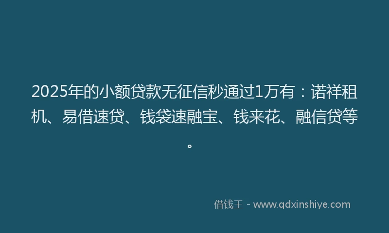 2025年的小额贷款无征信秒通过1万有：诺祥租机、易借速贷、钱袋速融宝、钱来花、融信贷等。