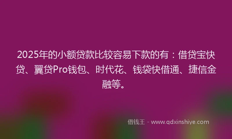 2025年的小额贷款比较容易下款的有：借贷宝快贷、翼贷Pro钱包、时代花、钱袋快借通、捷信金融等。