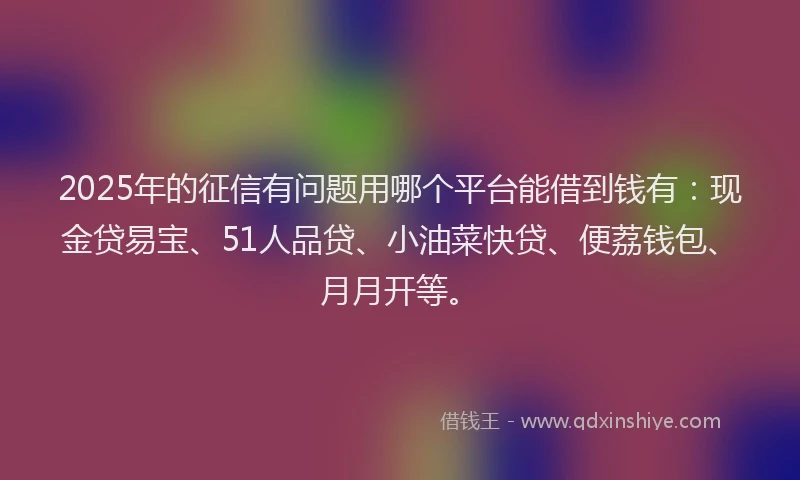 2025年的征信有问题用哪个平台能借到钱有：现金贷易宝、51人品贷、小油菜快贷、便荔钱包、月月开等。