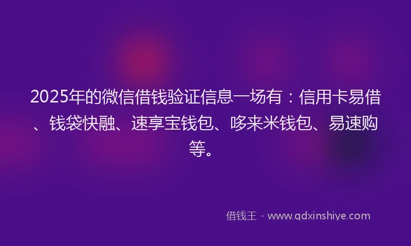 2025年的微信借钱验证信息一场有：信用卡易借、钱袋快融、速享宝钱包、哆来米钱包、易速购等。