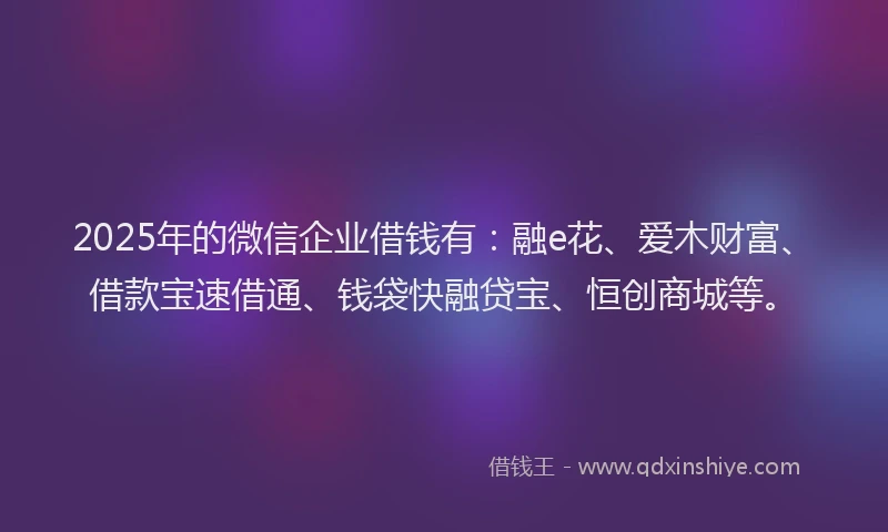 2025年的微信企业借钱有：融e花、爱木财富、借款宝速借通、钱袋快融贷宝、恒创商城等。