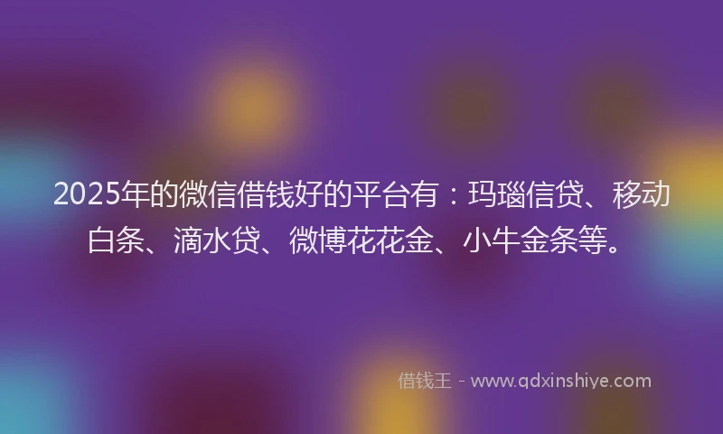 2025年的微信借钱好的平台有：玛瑙信贷、移动白条、滴水贷、微博花花金、小牛金条等。