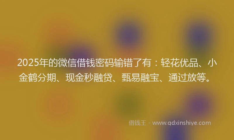 2025年的微信借钱密码输错了有：轻花优品、小金鹤分期、现金秒融贷、甄易融宝、通过放等。