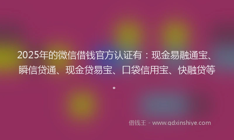 2025年的微信借钱官方认证有：现金易融通宝、瞬信贷通、现金贷易宝、口袋信用宝、快融贷等。