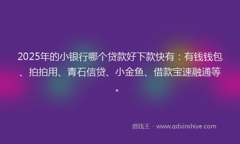 2025年的小银行哪个贷款好下款快有：有钱钱包、拍拍用、青石信贷、小金鱼、借款宝速融通等。