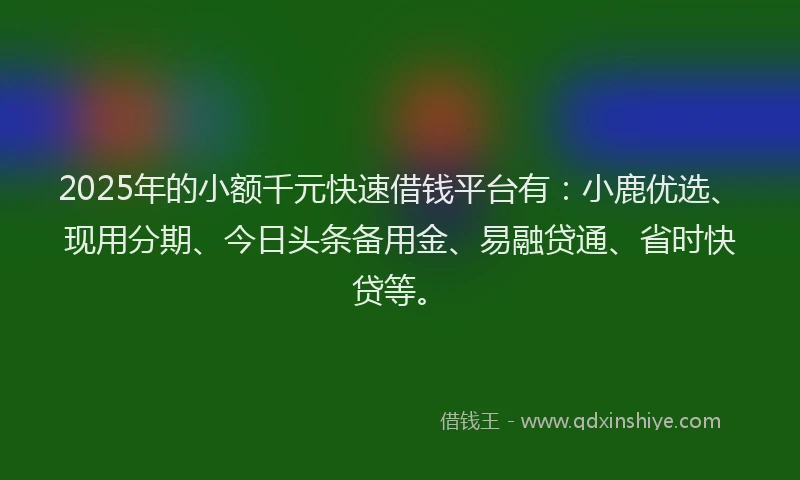 2025年的小额千元快速借钱平台有：小鹿优选、现用分期、今日头条备用金、易融贷通、省时快贷等。