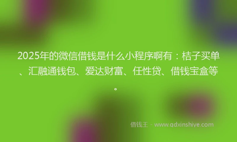 2025年的微信借钱是什么小程序啊有：桔子买单、汇融通钱包、爱达财富、任性贷、借钱宝盒等。