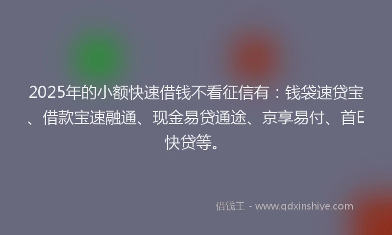 2025年的小额快速借钱不看征信有：钱袋速贷宝、借款宝速融通、现金易贷通途、京享易付、首E快贷等。