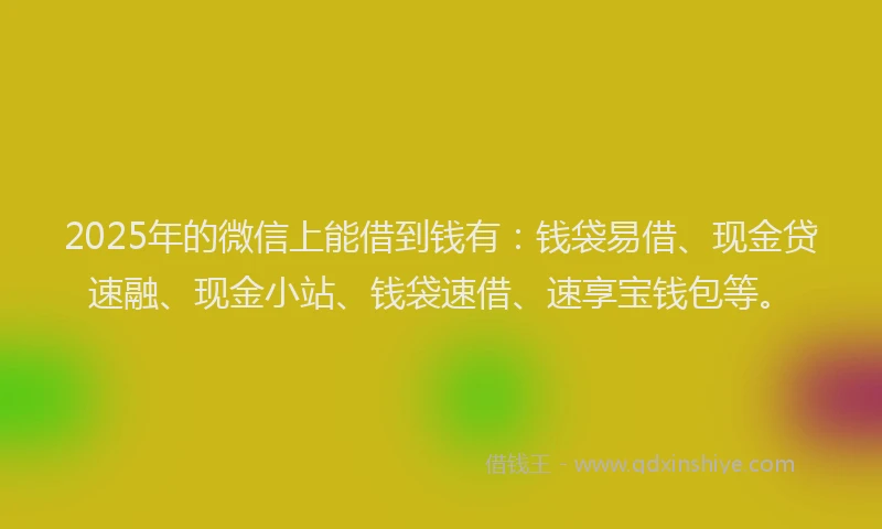 2025年的微信上能借到钱有：钱袋易借、现金贷速融、现金小站、钱袋速借、速享宝钱包等。