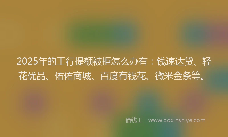 2025年的工行提额被拒怎么办有：钱速达贷、轻花优品、佑佑商城、百度有钱花、微米金条等。