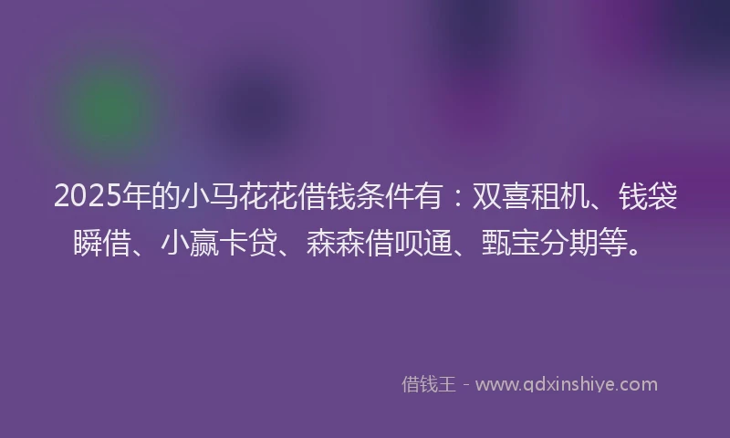 2025年的小马花花借钱条件有：双喜租机、钱袋瞬借、小赢卡贷、森森借呗通、甄宝分期等。