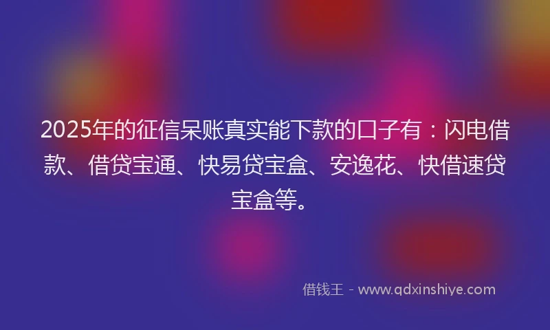 2025年的征信呆账真实能下款的口子有：闪电借款、借贷宝通、快易贷宝盒、安逸花、快借速贷宝盒等。