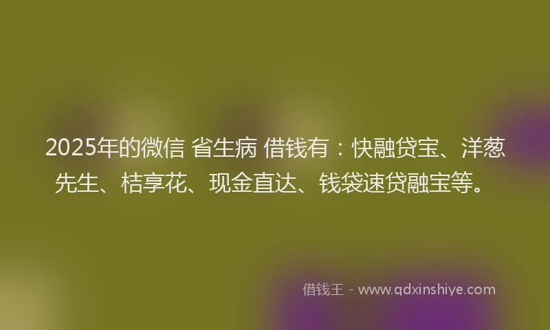 2025年的微信 省生病 借钱有：快融贷宝、洋葱先生、桔享花、现金直达、钱袋速贷融宝等。