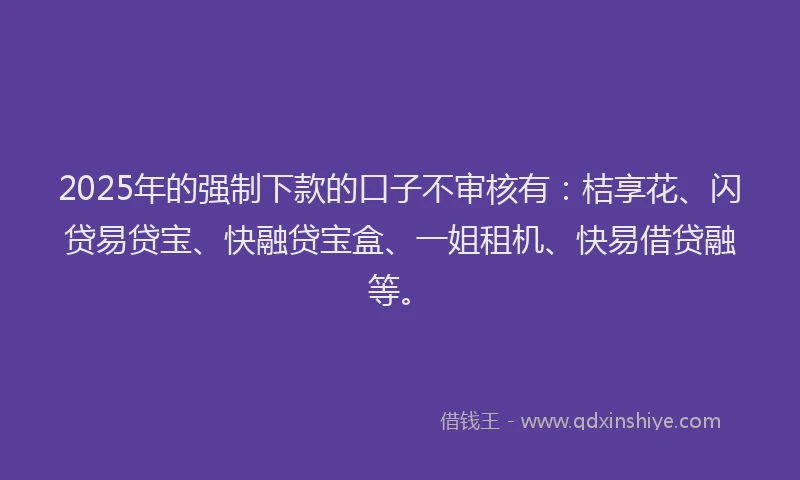 2025年的强制下款的口子不审核有：桔享花、闪贷易贷宝、快融贷宝盒、一姐租机、快易借贷融等。