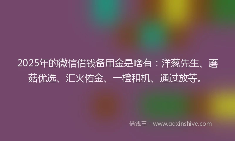 2025年的微信借钱备用金是啥有：洋葱先生、蘑菇优选、汇火佑金、一橙租机、通过放等。