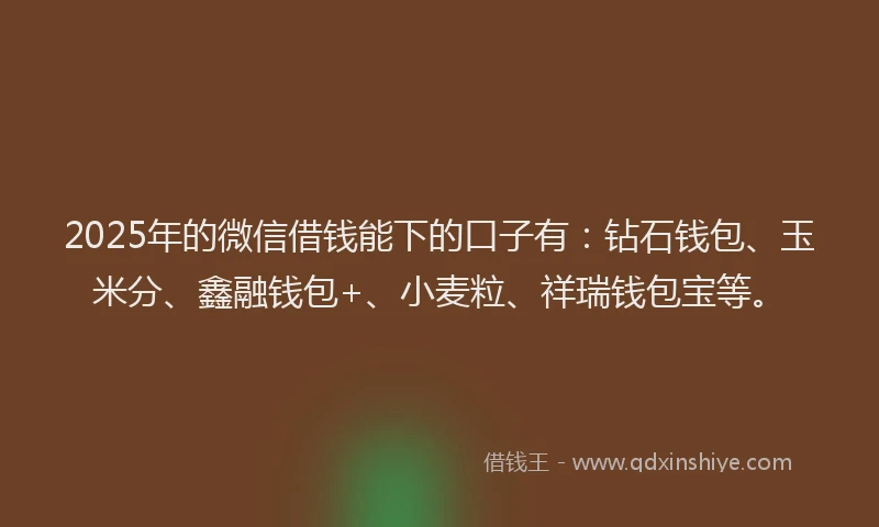 2025年的微信借钱能下的口子有：钻石钱包、玉米分、鑫融钱包+、小麦粒、祥瑞钱包宝等。