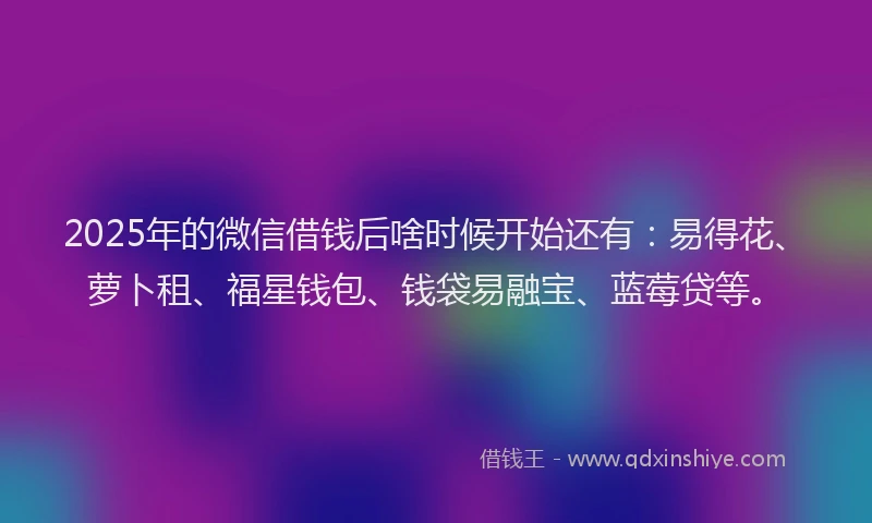 2025年的微信借钱后啥时候开始还有：易得花、萝卜租、福星钱包、钱袋易融宝、蓝莓贷等。