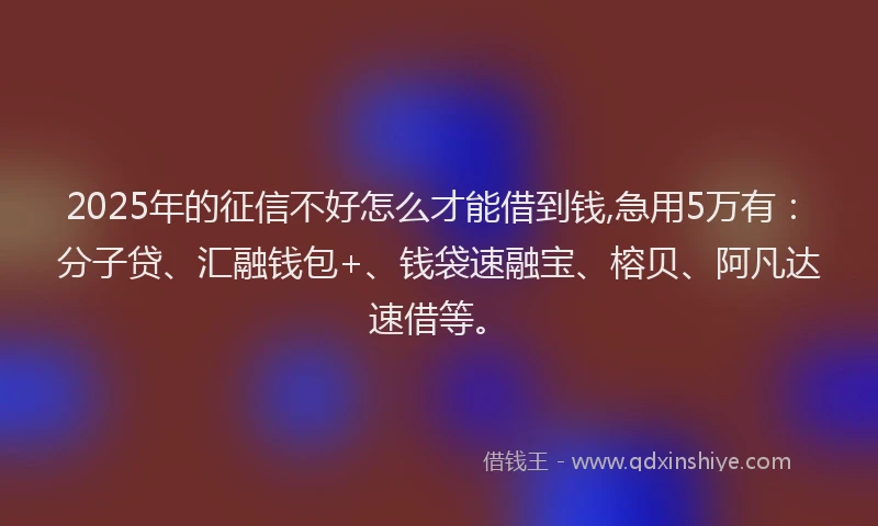 2025年的征信不好怎么才能借到钱,急用5万有：分子贷、汇融钱包+、钱袋速融宝、榕贝、阿凡达速借等。