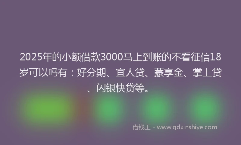 2025年的小额借款3000马上到账的不看征信18岁可以吗有：好分期、宜人贷、蒙享金、掌上贷、闪银快贷等。