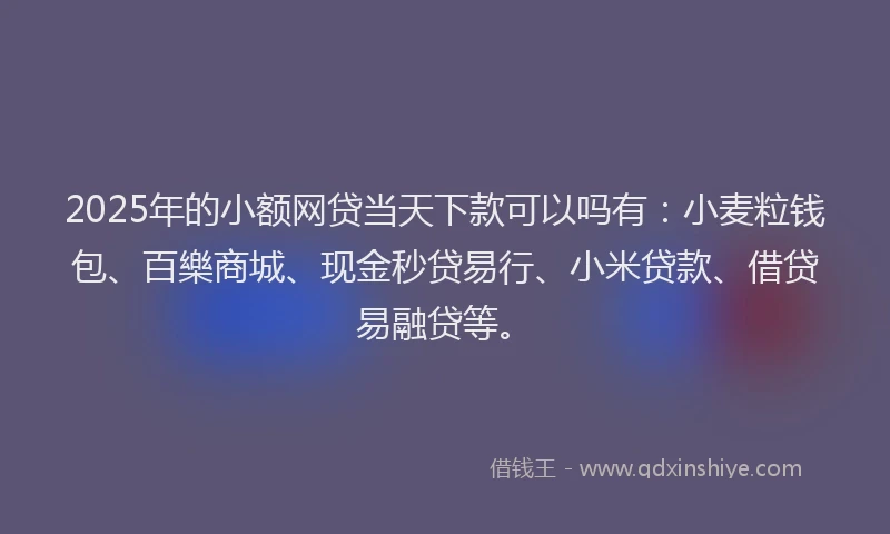 2025年的小额网贷当天下款可以吗有：小麦粒钱包、百樂商城、现金秒贷易行、小米贷款、借贷易融贷等。