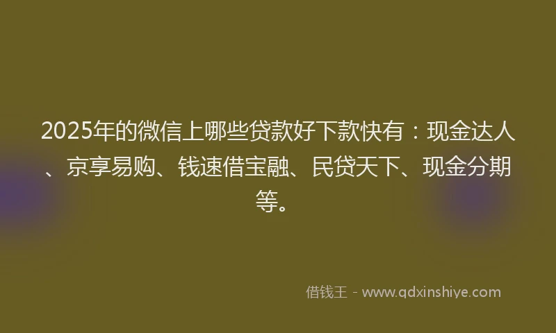 2025年的微信上哪些贷款好下款快有：现金达人、京享易购、钱速借宝融、民贷天下、现金分期等。