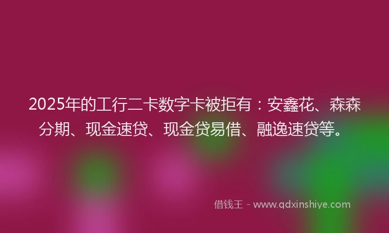 2025年的工行二卡数字卡被拒有：安鑫花、森森分期、现金速贷、现金贷易借、融逸速贷等。