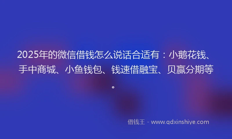 2025年的微信借钱怎么说话合适有：小鹅花钱、手中商城、小鱼钱包、钱速借融宝、贝赢分期等。