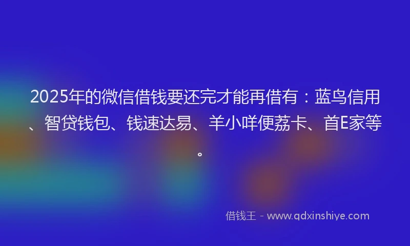 2025年的微信借钱要还完才能再借有：蓝鸟信用、智贷钱包、钱速达易、羊小咩便荔卡、首E家等。