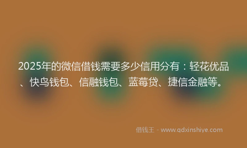 2025年的微信借钱需要多少信用分有：轻花优品、快鸟钱包、信融钱包、蓝莓贷、捷信金融等。