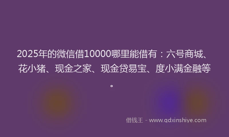 2025年的微信借10000哪里能借有：六号商城、花小猪、现金之家、现金贷易宝、度小满金融等。
