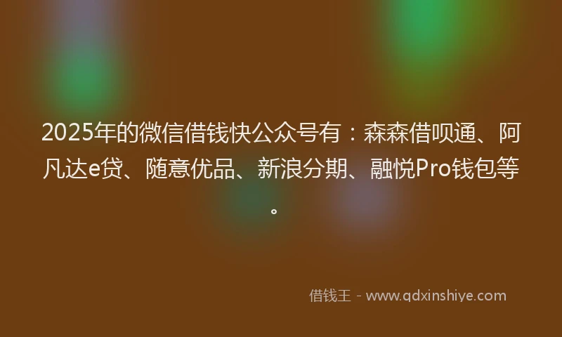 2025年的微信借钱快公众号有：森森借呗通、阿凡达e贷、随意优品、新浪分期、融悦Pro钱包等。