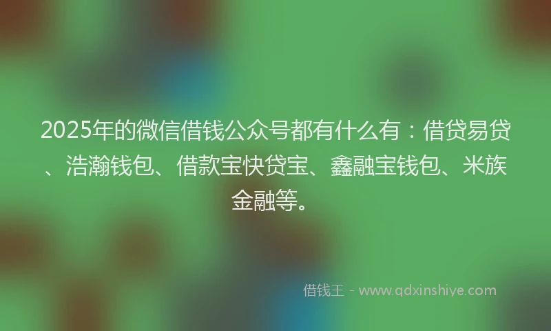 2025年的微信借钱公众号都有什么有：借贷易贷、浩瀚钱包、借款宝快贷宝、鑫融宝钱包、米族金融等。