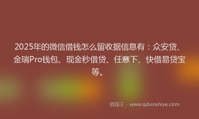 2025年的微信借钱怎么留收据信息有：众安贷、金瑞Pro钱包、现金秒借贷、任意下、快借易贷宝等。