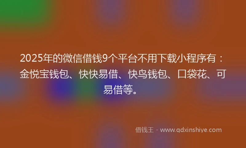 2025年的微信借钱9个平台不用下载小程序有：金悦宝钱包、快快易借、快鸟钱包、口袋花、可易借等。