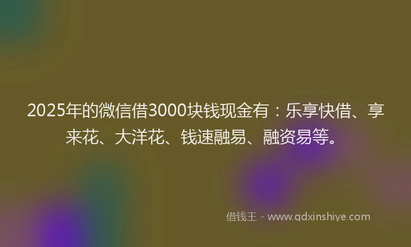 2025年的微信借3000块钱现金有：乐享快借、享来花、大洋花、钱速融易、融资易等。